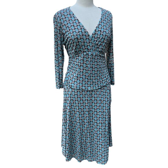 Boden Jersey Floral Faux Wrap Babydoll Midi Dress Blue Brown Bloomcore Flowy-12R